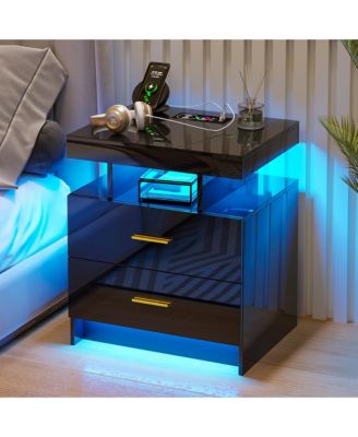 22.8" Wood LED Nightstand RGB Lights Auto Sensor Charging Station