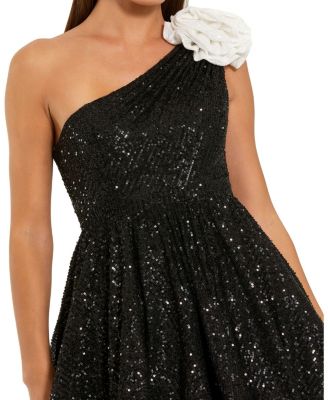 Women's One Shoulder Sequin Mini Dress With 3D Flower