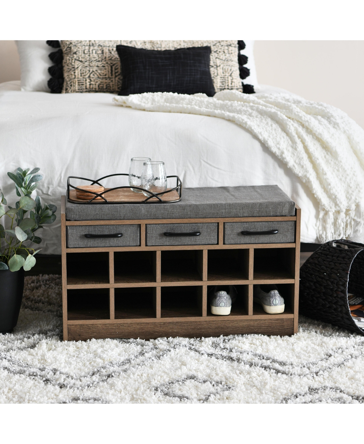 Household Essentials Entryway Storage Bench with Drawers, Shoe Compartments and Cushioned Seat in Ashwood Rustic Wood Grain