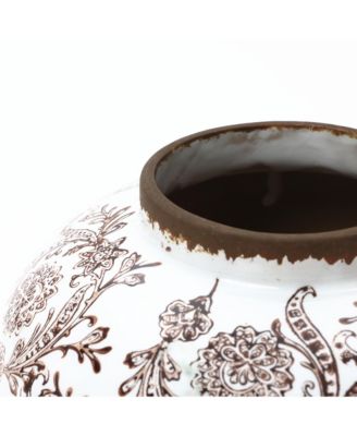 Brown Floral Wide-Mouth Waterproof Ceramic Vase, 8.66" Round Indoor Home Decor