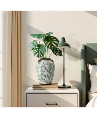 Green Floral Wide-Mouth Waterproof Ceramic Vase, 7.28" Round Indoor Home Decor