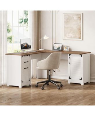 L Shaped Gaming Desk, Computer Desk，59" Wooden Executive Desk with File Drawer & Adjustable Storage Cabinet