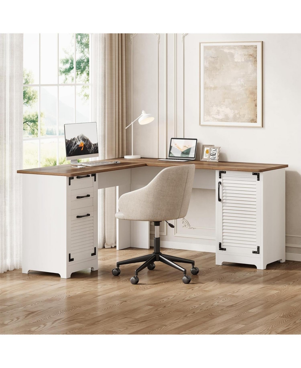 Tribesigns L Shaped Gaming Desk, Computer Desk，59" Wooden Executive Desk with File Drawer & Adjustable Storage Cabinet