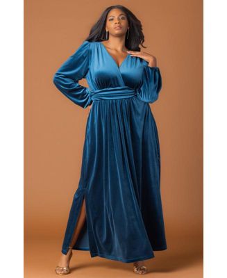 Plus Size Vivienne Long Sleeve Velvet Evening Gown with Pockets