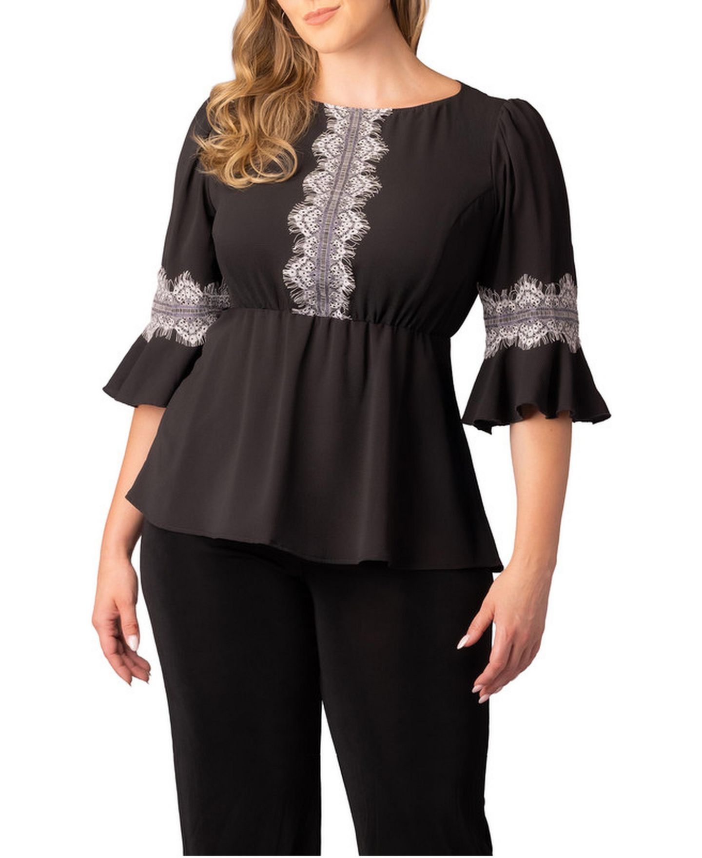 Женский топ Kiyonna Plus Size Chateau Lace Trim Peplum, цвет: Чёрный — фото 1