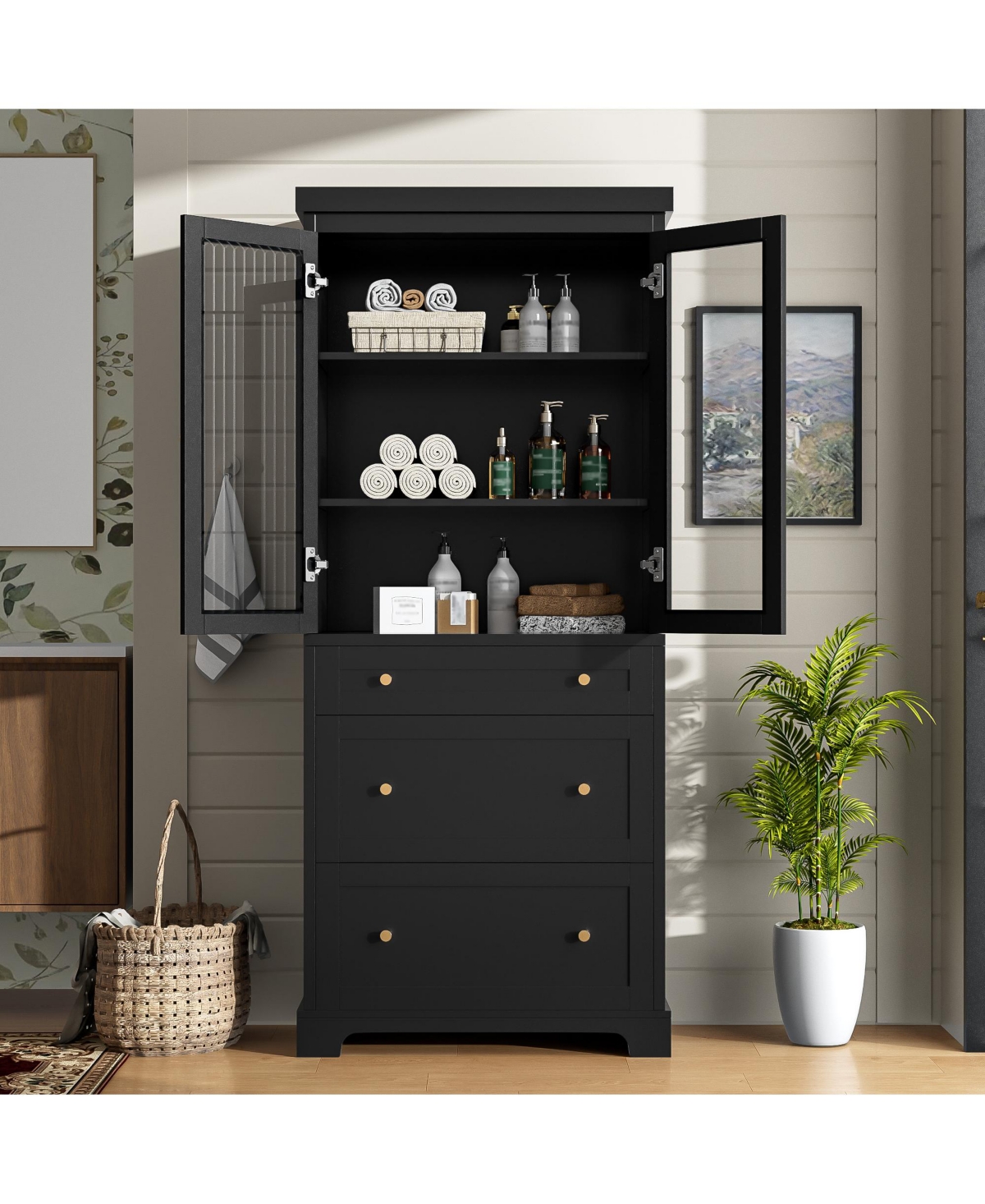 Airsurfer 70.1" Modern Tall Freestanding Bathroom Cabinet with 3 Drawers, 2 Adjustable Shelves, Soft-Close Glass Doors, Storage Cabinet for Bathr