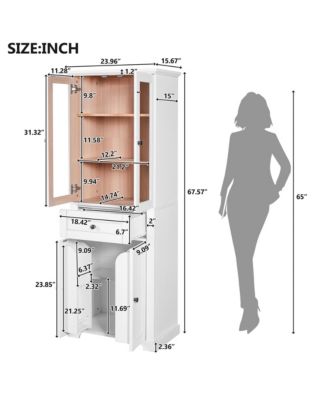 67.2" Bathroom Storage Cabinet with Tempered Glass Doors, Adjustable Shelves and Drawer