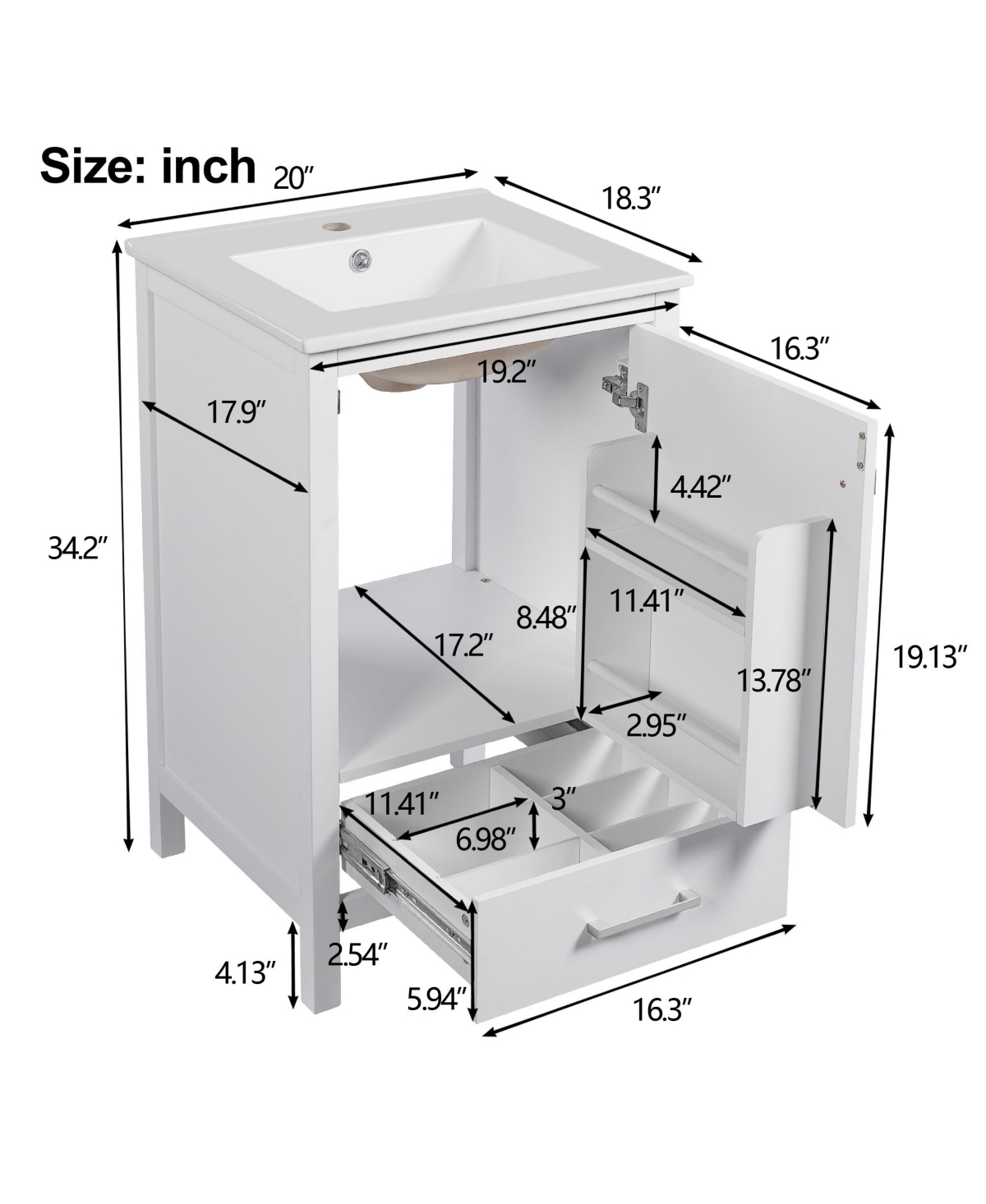 Airsurfer 20-Inch Modern Bathroom Vanity with Ceramic Sink Space-Saving Storage Cabinet
