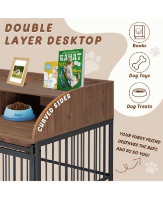 44 Inch Heavy Duty Large Dog Crate Furniture Wooden Dog Kennel End Table Crate with Lockable Wheels and Double Layer Storage Brown