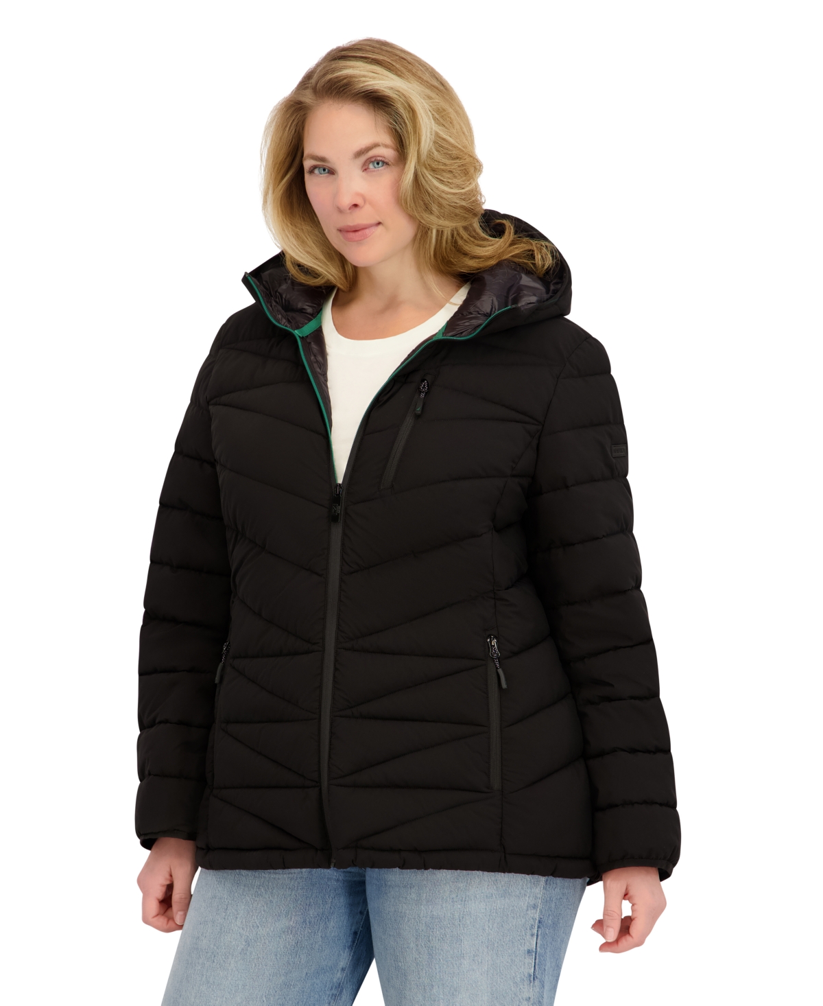 Nautica Plus Size Zip Front Short Packable Coat In Black