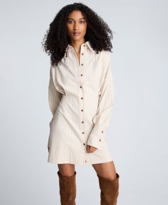 beige check pocket detail long sleeve shirt dress Kenneth Cole Women's Long-Sleeve Striped Shirt Dress