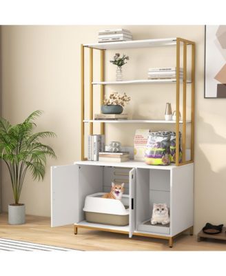 61'' Cat Litter Box Enclosure w/ Storage 3-tier Shelves Side Entrance