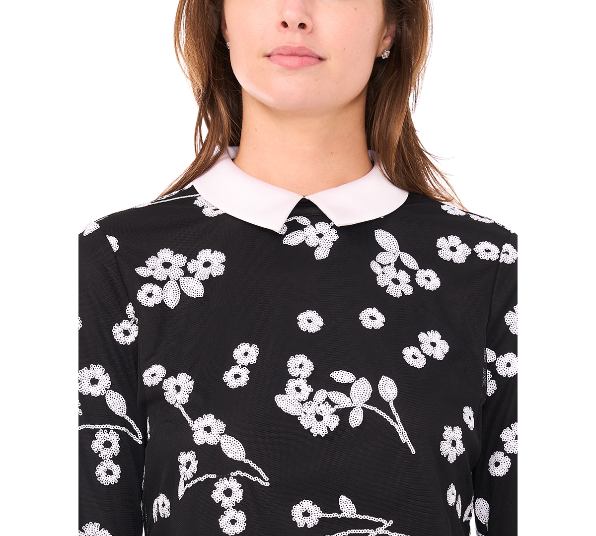 Cece Women's Sequin Long-sleeve Detail Floral Printed Mini Dress In Black