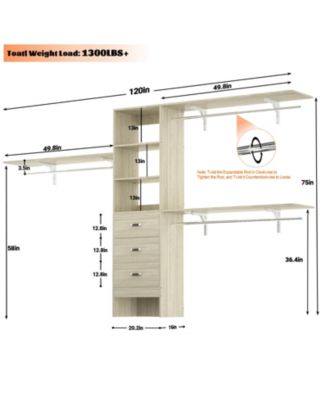 120&#39;&#39; Heavy Duty Closet Organizer System with 3 Wooden Drawers, 10FT Walk-in Closet Organizer with 3 Shelving Towers