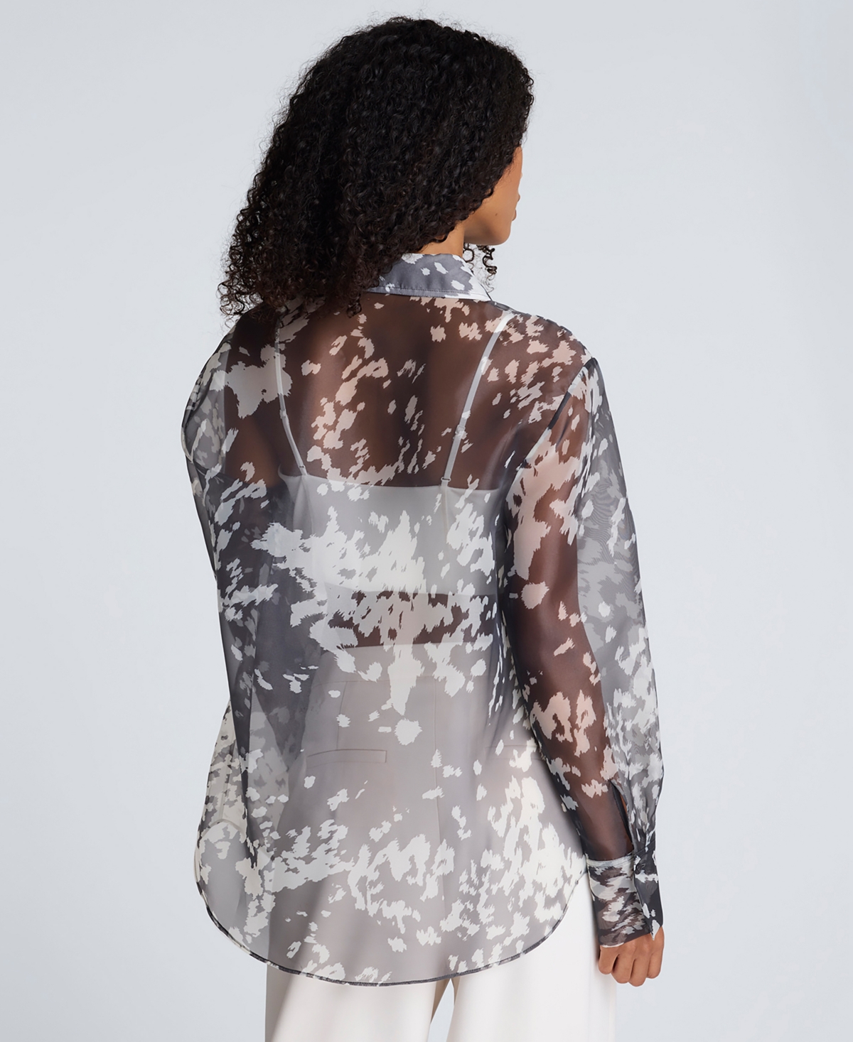 Kenneth Cole Printed Organza Oversized Button Front Shirt In Gray