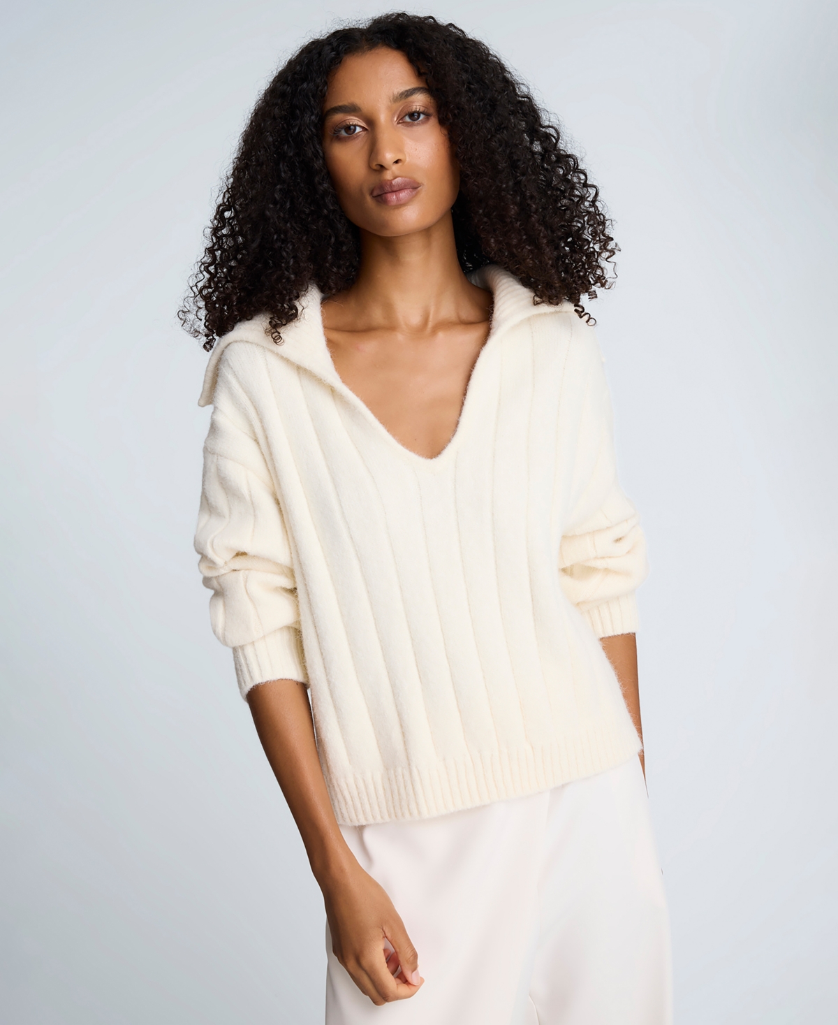 Kenneth Cole Women's V-Neck Wide Rib Polo Sweater