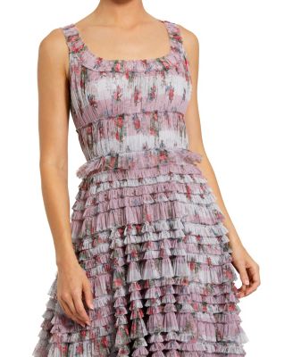 Women's Sleeveless Floral Midi Dress with Tiered Ruffles