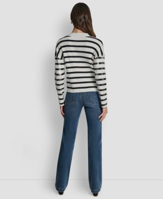 Women's Striped Sequin & Stripe V-NECK BOXY Cropped Long-Sleeve Cardigan Sweater