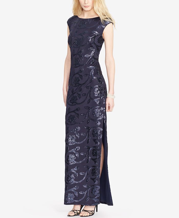 Lauren Ralph Lauren Sequined Floral-Print Gown - Macy's