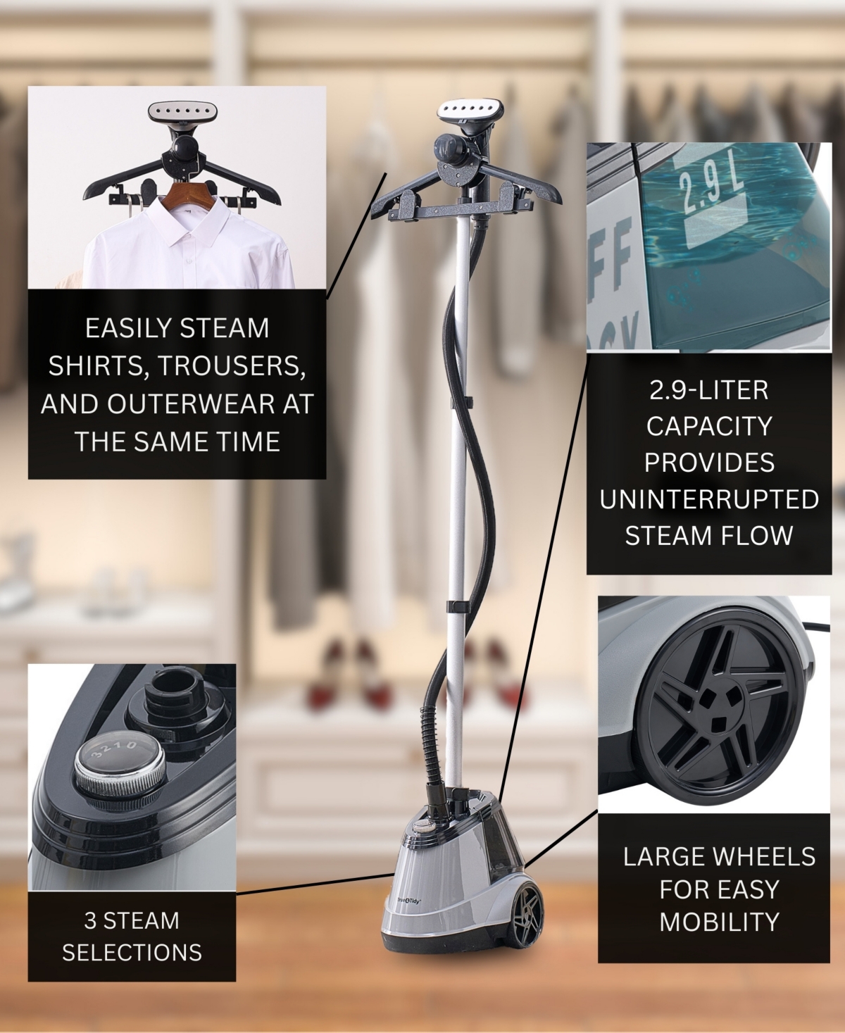 True & Tidy Heavy Duty Intelligent Auto Shut-off 66" Garment Steamer In Gray
