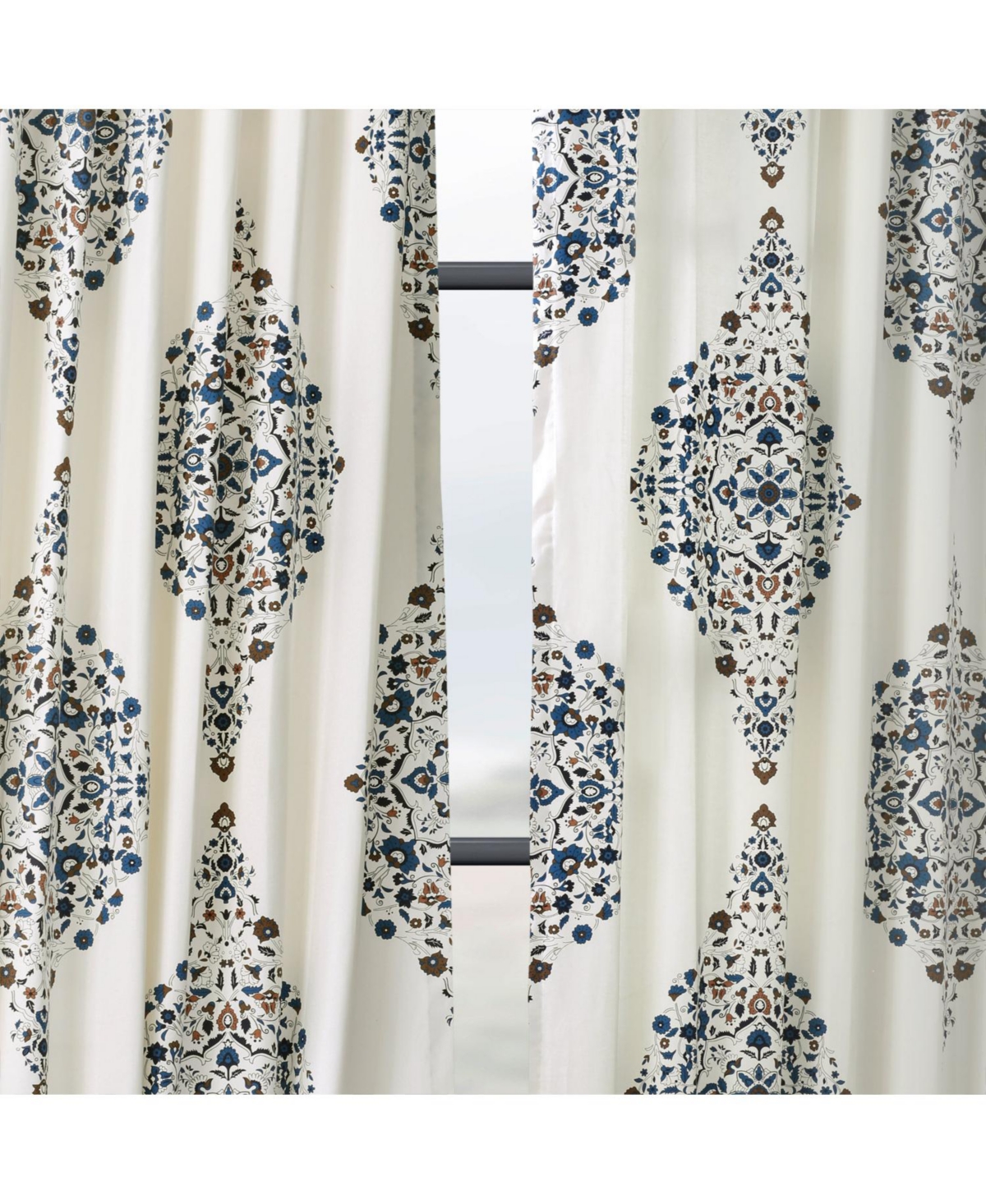 Half Price Drapes Kerala Blue Emblem Printed Cotton Room Darkening Curtain