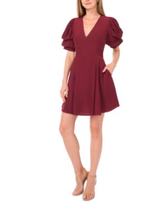 Women's V-Neck Short Bubble Sleeve Mini Dress