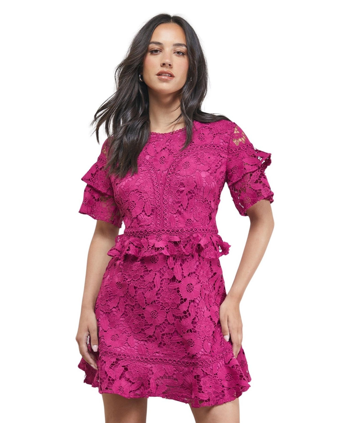 Oasis Women's Lace Trim Detail Frill Sleeve Mini Dress