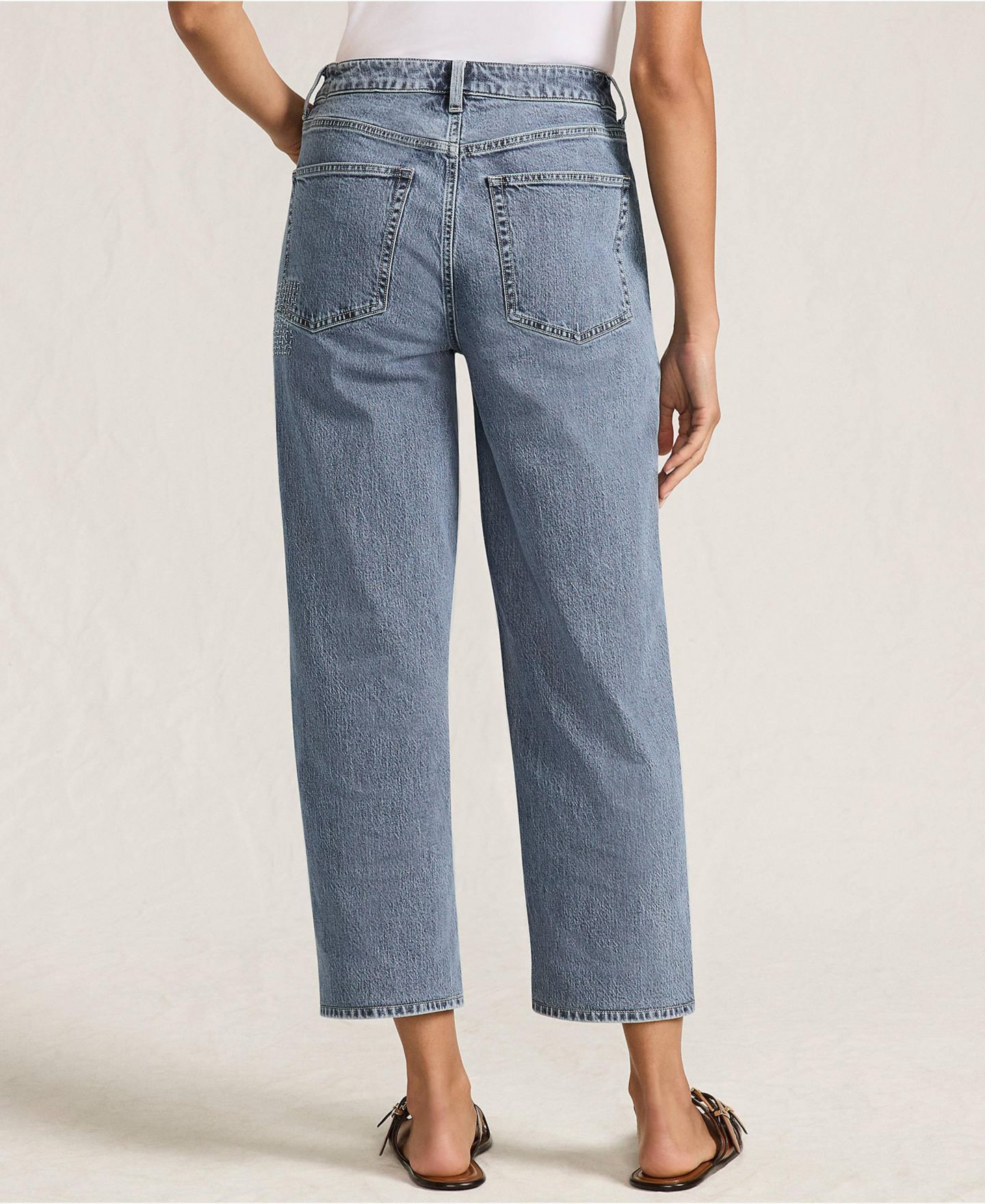 Женские джинсы Lands' End Soft Denim Mid Rise Relaxed Straight Crop Patchwork, цвет: Синий — фото 4