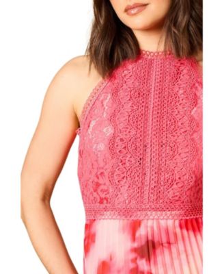 Women's Printed Lace Mix Halterneck Midi Dress