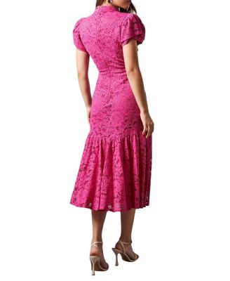 Women's Lace Frill Sleeve High Neck Midi Dress