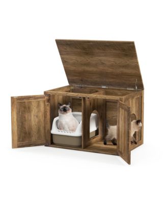 Cat Litter Box Enclosure w/ Double Barn Doors Removable Divider Middle Entry