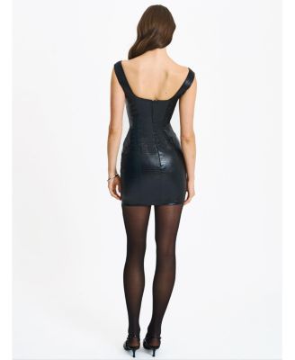 Women's Quilia Black Faux Crocodile Leather Plunge Mini Dress