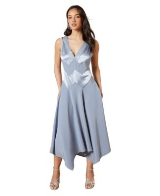 Oasis Women's V Neck Mesh Asymmetric Midi Dress in Blue