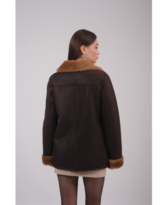 Women's Leather Sheepskin Peacoat, Brown, Created for Macy's