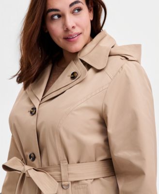 Plus Size Single-Breasted Hooded Belted Trench Coat