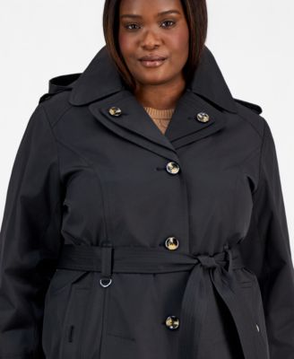 Plus Size Single-Breasted Hooded Belted Trench Coat