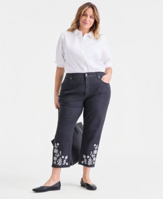 Plus Size Embroidered High-Rise Straight-Leg Cropped Jeans, Macy's Exclusive