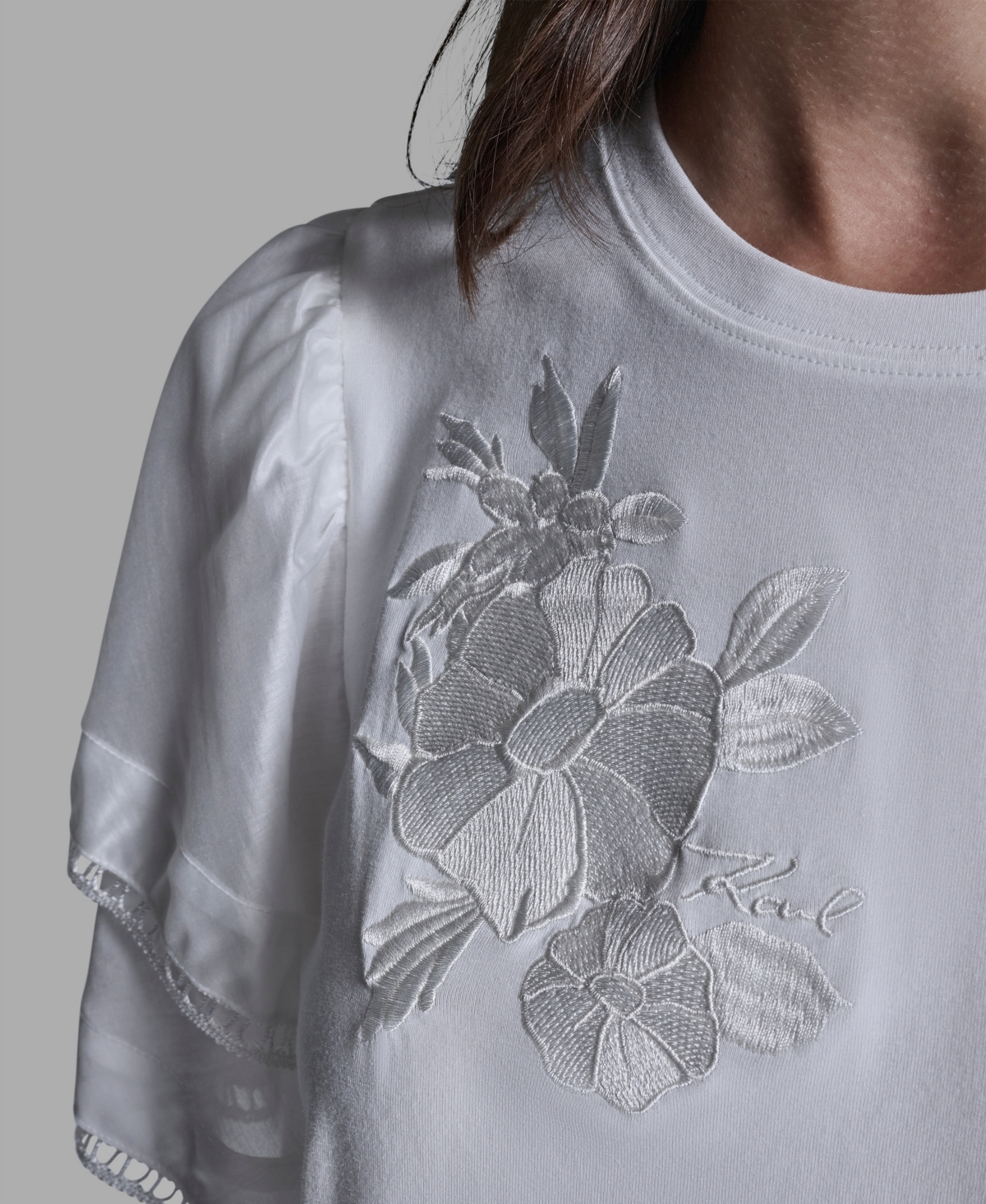 Karl Lagerfeld Women's Ruffled Crewneck Floral Top In White