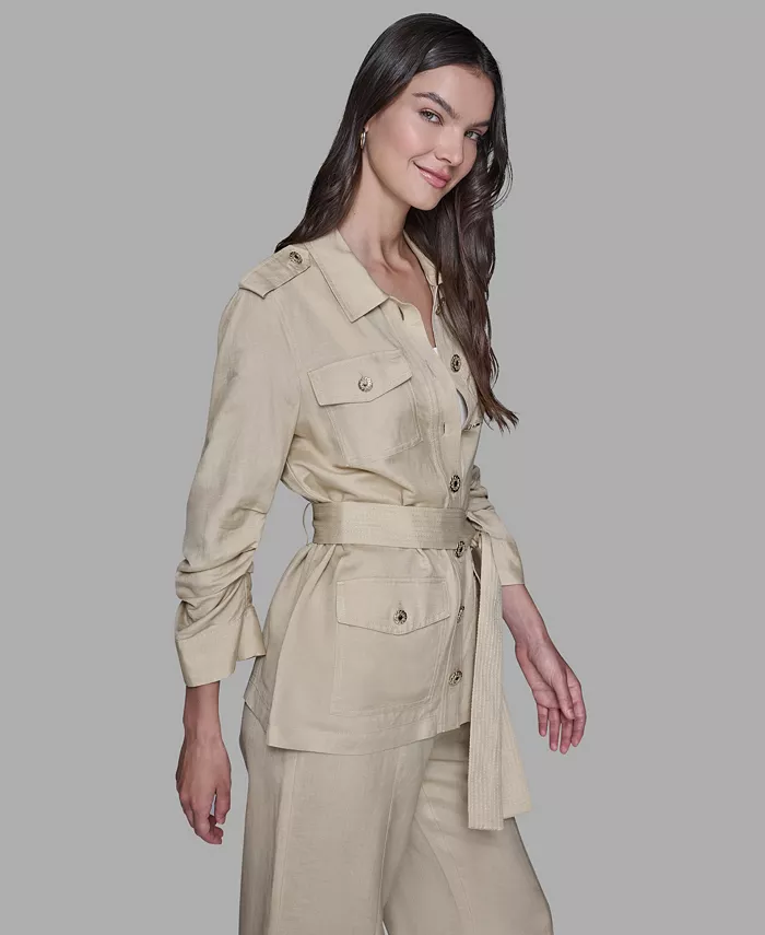 Women's Collared Linen-Blend Belted Jacket - thumbnail 2