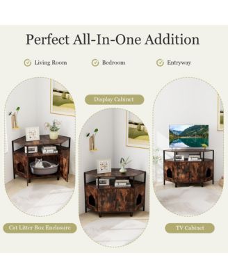 Corner Cat Litter Box Enclosure End Table w/ Open Shelf 2 Entries Double Doors