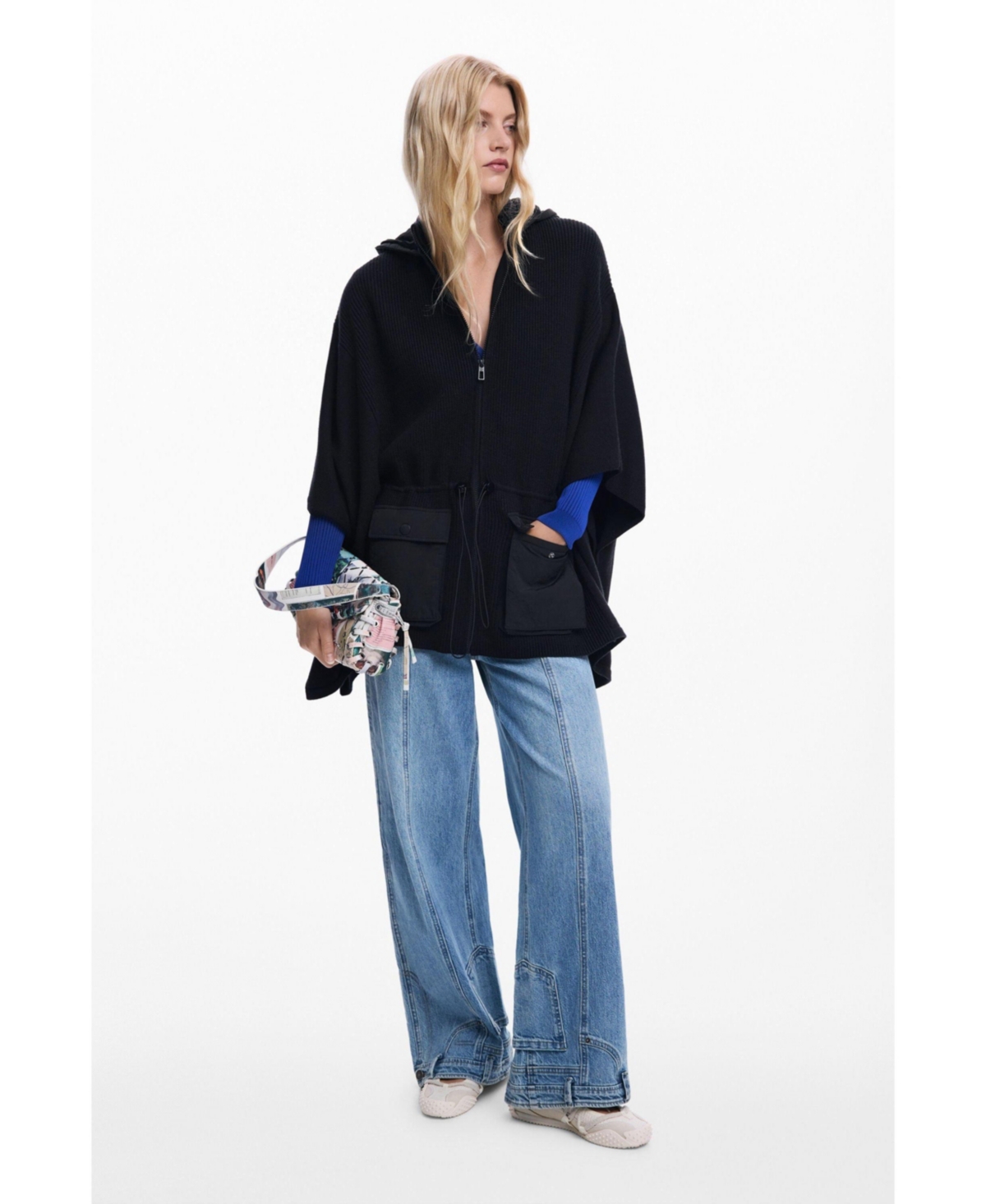 Desigual Women's Poncho With Hood And Pockets In Black