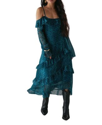 Women's Ruffle Cold Shoulder Midi Dress