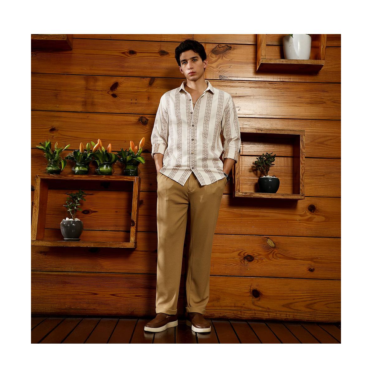 Campus Sutra Men's Ash Brown & Off-White Indie-Stripe Jacquard Shirt