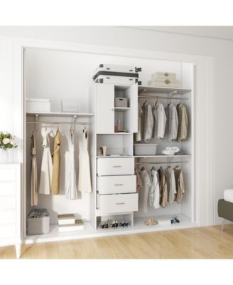96-Inch Closet Organizer System with 3 Wood Drawers, Shelving Towers and Hanging Rods, 8-Foot Closet System with Doors