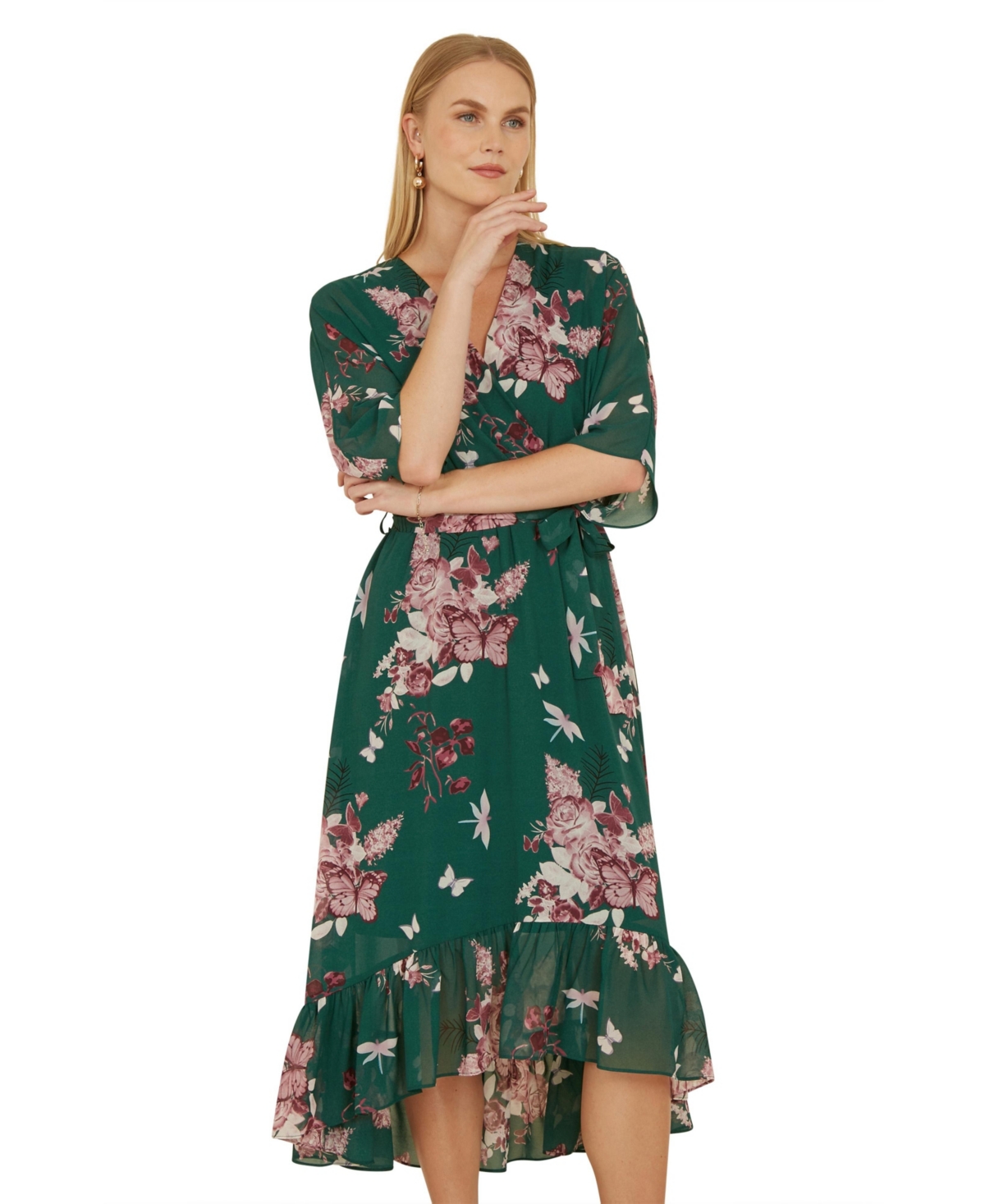 Yumi Women's Floral Kimono Dipped Hem Dress