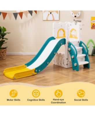 6-in-1 Toddler Slide L-shaped Playground with Basketball Hoop and Ladder