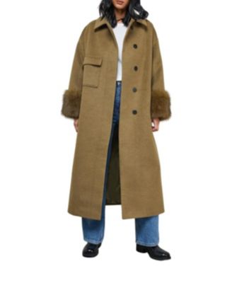 Women's Patch Pocket Faux Fur Cuff Maxi Coat