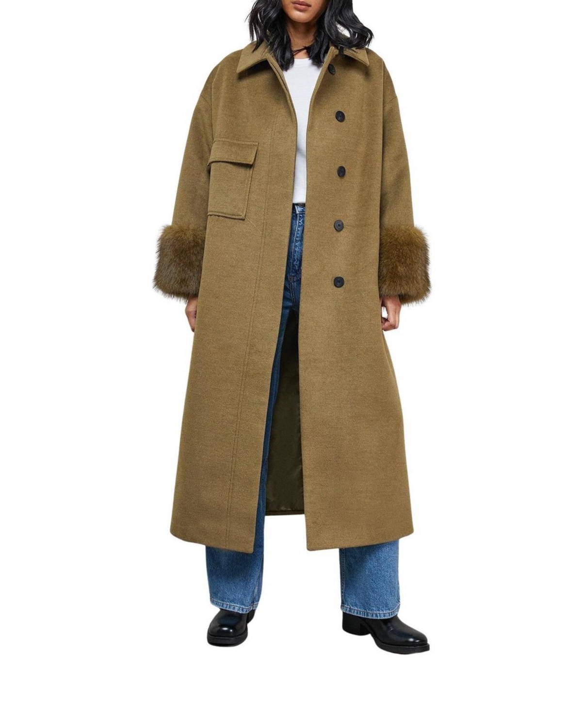 Warehouse Women's Patch Pocket Faux Fur Cuff Maxi Coat