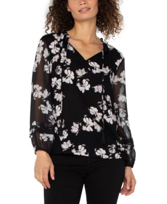 Liverpool Los Angeles - Women's Long-Sleeve Popover Shirred Woven Blouse