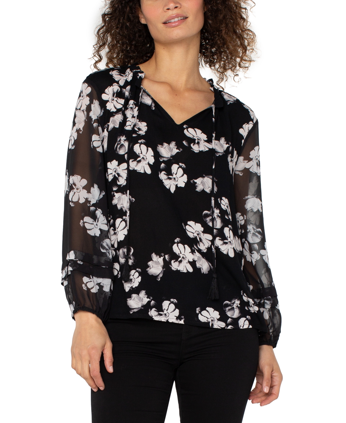 Liverpool Los Angeles Women's Long-Sleeve Popover Shirred Woven Blouse